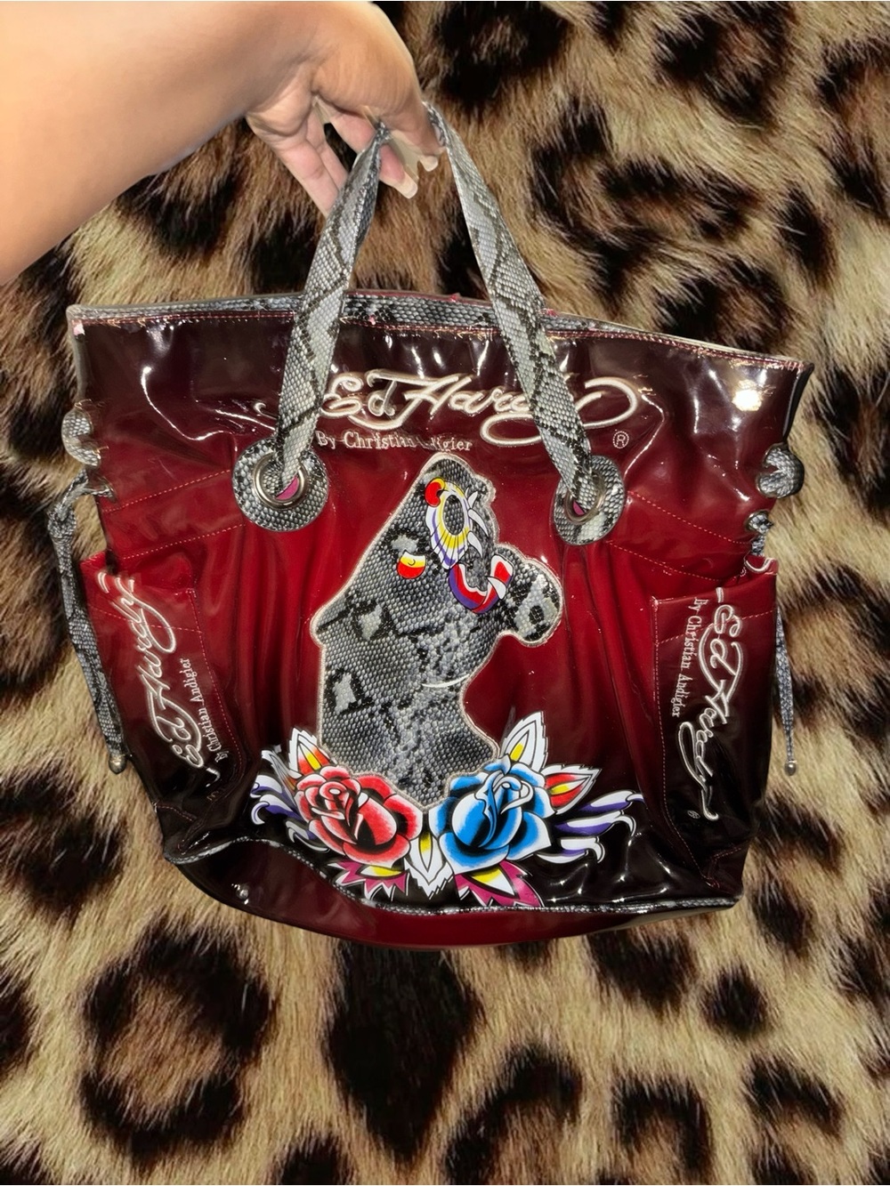 VINTAGE Ed Hardy Red and Black Patent Tote with Multicolor Rose Graphic - Y2K